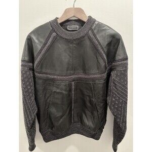 Vtg Saxony Mens Sz M Black Genuine Leather Patchwork Mixed Media Knit Sweater